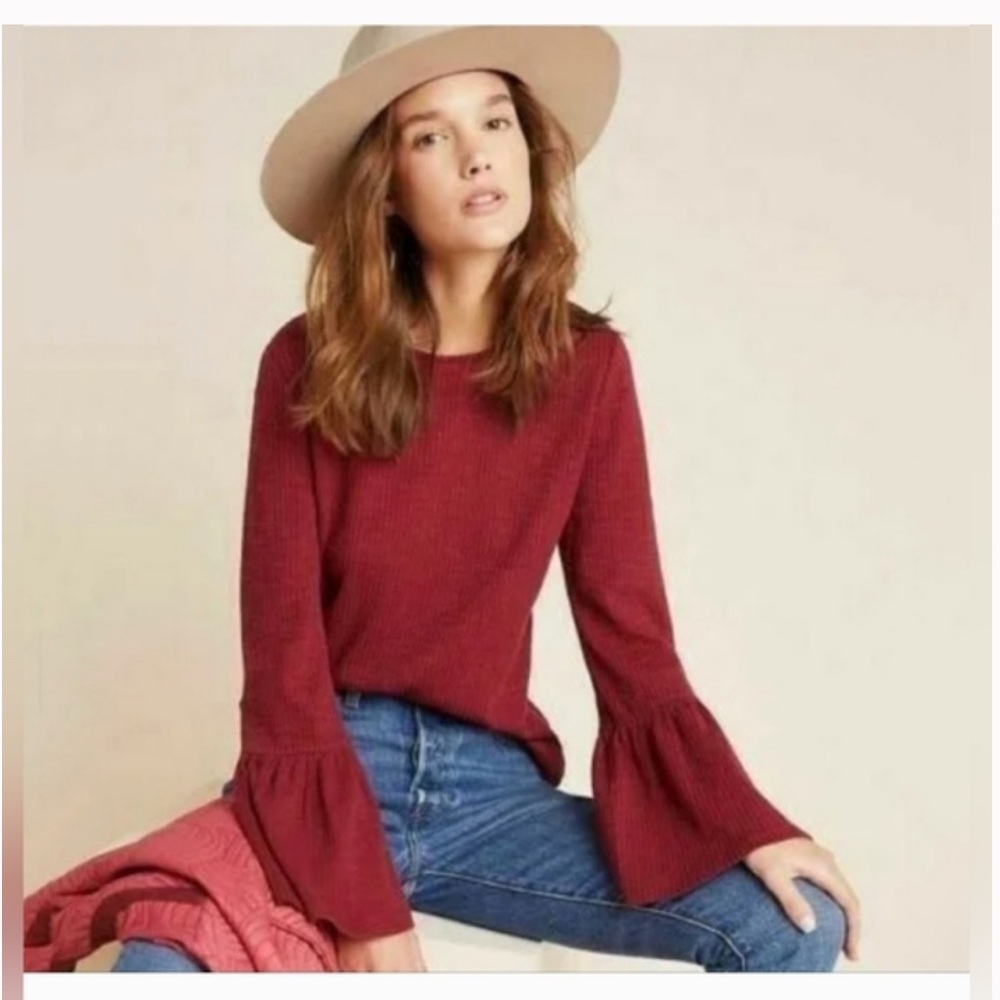 Anthropologie Porridge Burgundy Bell Sleeve Top